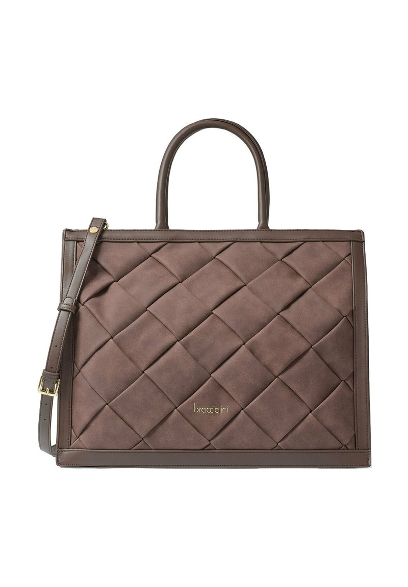 Bruine gewatteerde totebag met dubbele handvatten en een verstelbare schouderband. Voorzien van een gouden logo detail aan de voorkant en een glad leren afwerking.