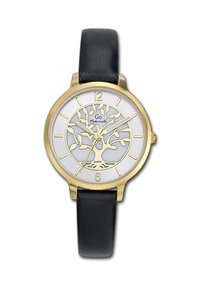 Montre dorée avec un cadran argenté arborant un motif d'arbre, bracelet en cuir noir et marqueurs d'heure dorés aux positions 12 et 6. Mouvement à quartz.