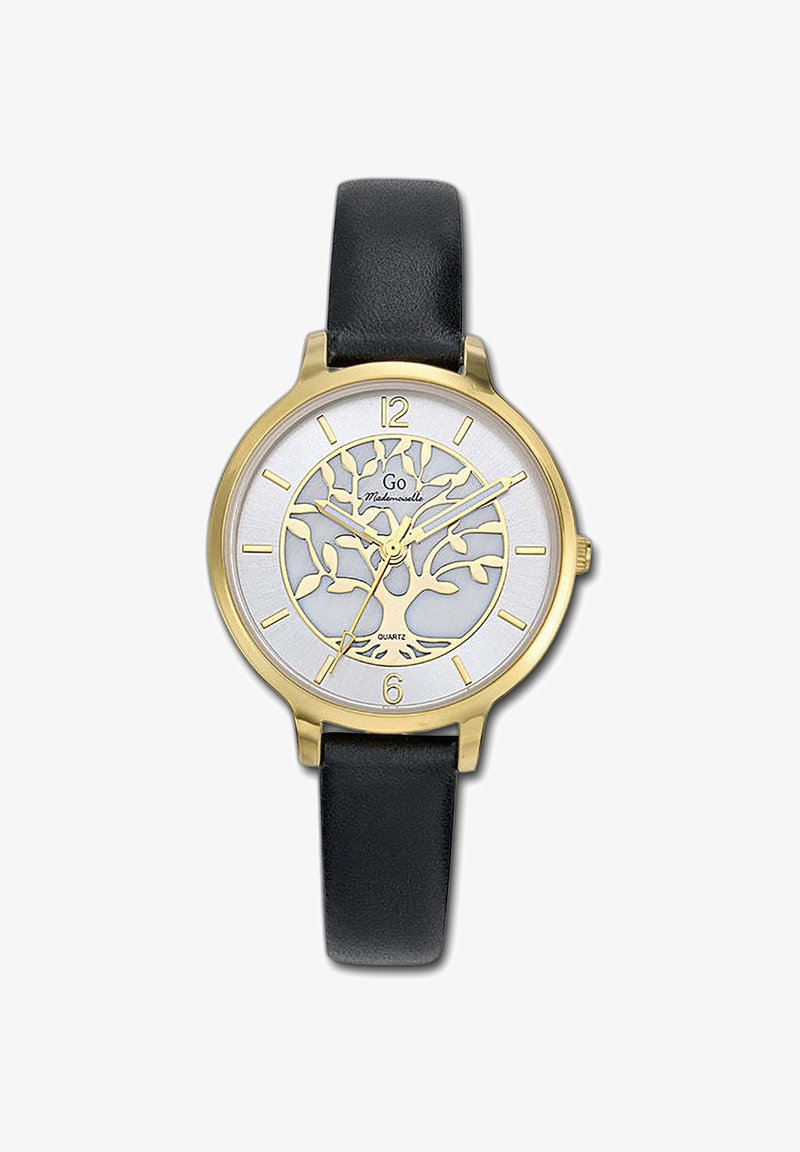 Montre dorée avec un cadran argenté arborant un motif d'arbre, bracelet en cuir noir et marqueurs d'heure dorés aux positions 12 et 6. Mouvement à quartz.
