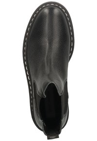 Schwarze Leder-Ankle-Boots mit strukturiertem Finish, kontrastierenden weißen Nähten, elastischen Seiteneinsätzen und einer abgerundeten Zehenpartie. Robuste Sohle.