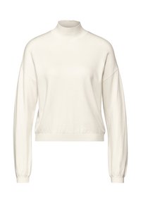 Maglione color crema con collo alto, maniche lunghe e larghe e orlo aderente. Realizzato in tessuto morbido con una texture liscia.