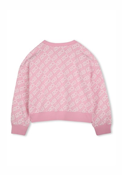 Sweatshirt rose avec un motif logo blanc en all-over, poignets et ourlet côtelés. Encolure ras du cou et tissu texturé. Coupe décontractée.