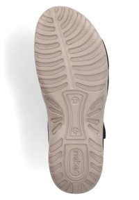 Zwarte schoenzool van getextureerd tan rubber, met een zigzagpatroon en het merk "rieker" in de oppervlakte gemold. Vermelde maat: 37.