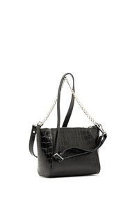 Borsa nera con effetto coccodrillo, dalla forma strutturata. Presenta una tracolla in pelle removibile e un dettaglio in argento. Texture liscia.
