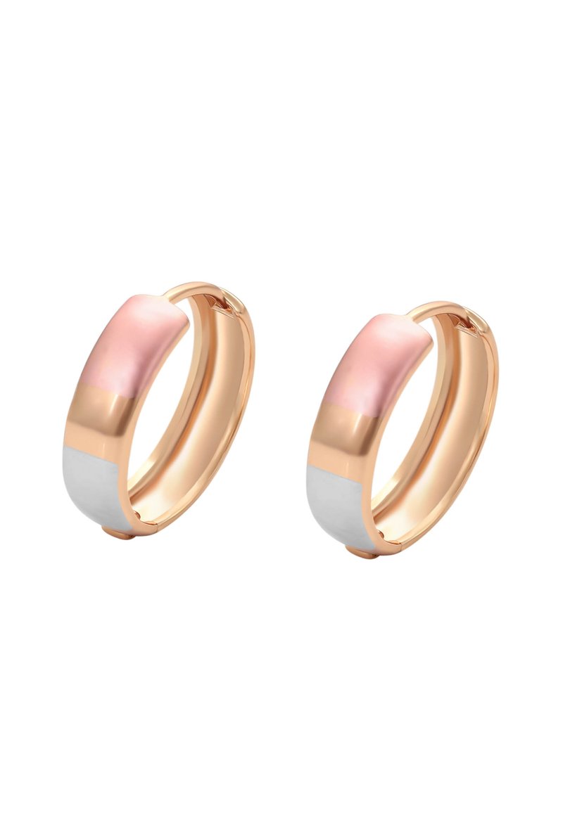 Orecchini a cerchio in oro rosa con un accento in smalto sfumato rosa e bianco. Design liscio e arrotondato con una finitura lucida.