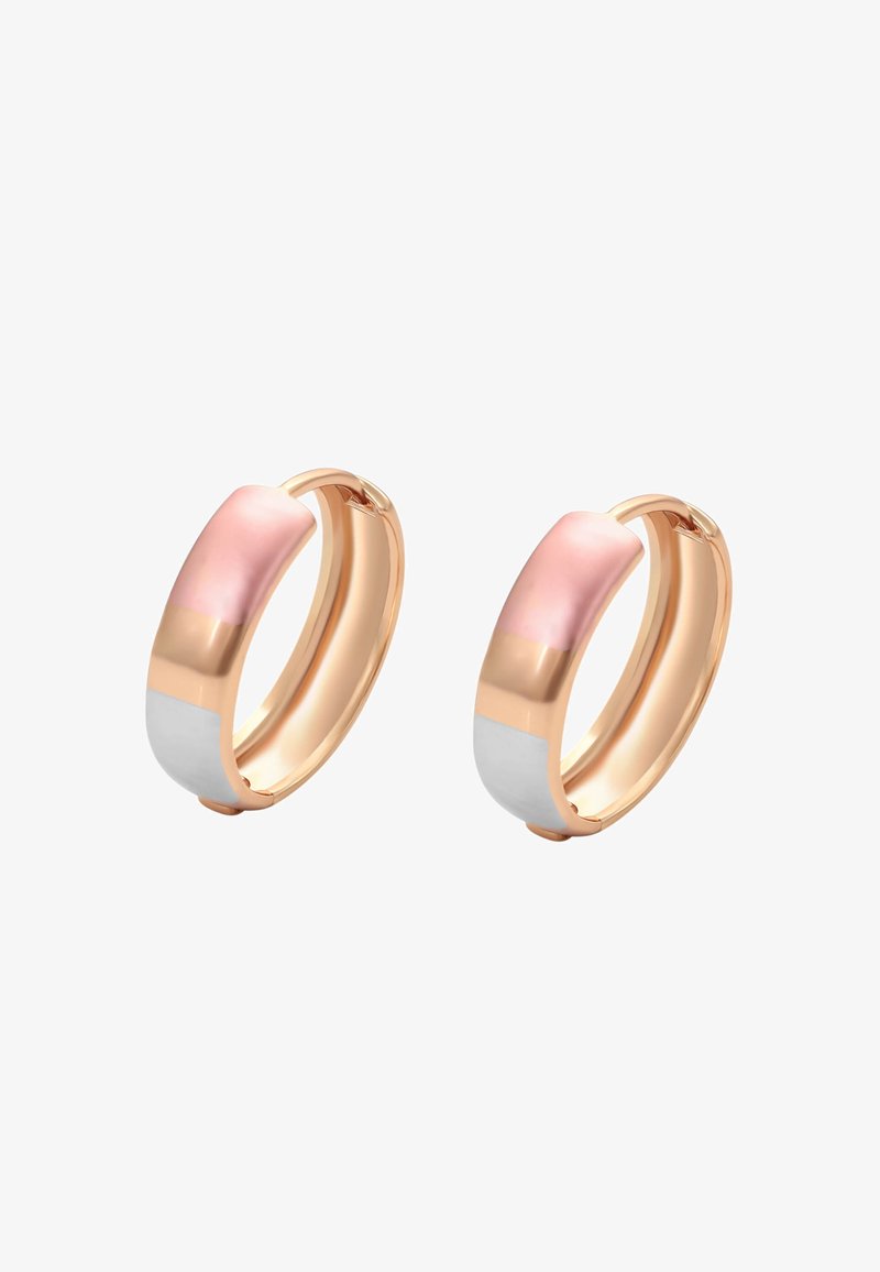 Orecchini a cerchio in oro rosa con un accento in smalto sfumato rosa e bianco. Design liscio e arrotondato con una finitura lucida.