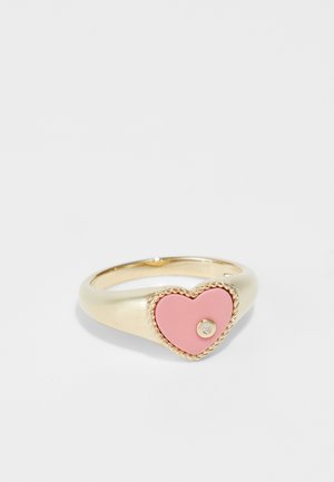 Gold-tone ring featuring a pink heart centerpiece with a small diamond accent, textured rope detailing around the heart shape.