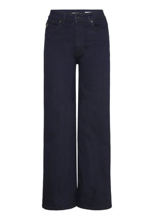 Temno modre široke kavbojke iz jeansa z visokim pasom, sprednjimi žepi in zapenjanjem na gumbe. Gladek material s čistim dizajnom.