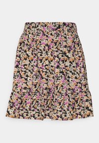 Jupe fleurie avec une taille élastique, présentant un fond noir, des motifs beige clair, orange et rose, et un ourlet à volants.