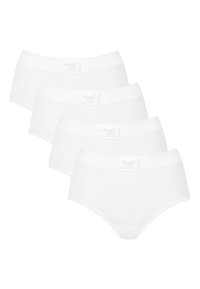 Weiße Baumwoll-Hipster-Unterwäsche mit einem breiten elastischen Taillenbund mit Branding, glatter Textur und klassischem Design. Im vierer Pack.