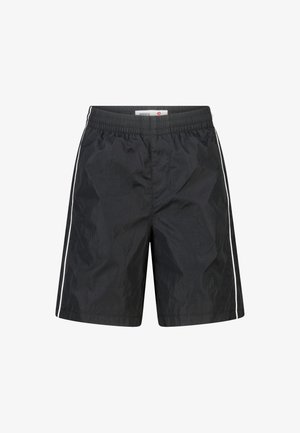 Zwarte sportshorts tot op de knie met een elastische tailleband en dunne witte verticale strepen langs de zijkanten.