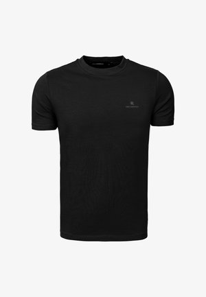 Sort, kortærmet T-shirt med rund hals og lille gråt Karl Lagerfeld-logo på venstre bryst, størrelse medium.