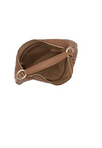Brown woven leather handbag with a zippered closure and a single top handle; smooth interior with a small pocket.