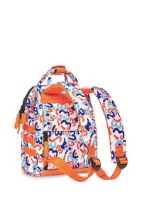 Multi-colored backpack featuring an abstract design with swirls in orange, blue, and pink, equipped with adjustable straps and dual handles.