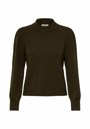 Donkergroen gebreide trui met lange opgeblazen mouwen, geribbelde manchetten en hoge geribbelde hals.