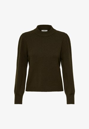 Donkergroen gebreide trui met lange opgeblazen mouwen, geribbelde manchetten en hoge geribbelde hals.