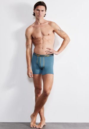 Boxer ajustados azules con costuras de acento amarillas y una cinturilla con logo. Hechos de una tela suave y elástica. El modelo posa de manera casual.