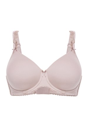 Lichtroze gevoerde beha met beugelondersteuning, verstelbare bandjes met bloemrijke borduurwerk en kleine strikjes aan de voorkant en bij de bandjes.