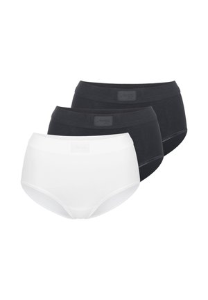 Trzy bezszwowe bawełniane figi z wysokim stanem, dwa czarne i jedna biała, ułożone nachodzące na siebie na białym tle.