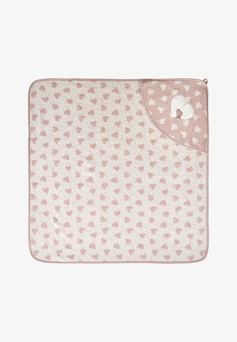 Pink and white textured blanket featuring a heart pattern, with a corner accent and a heart-shaped patch. Edged with pink trim.