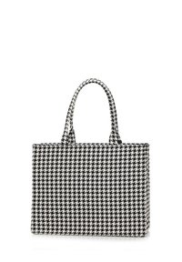 Borsa tote in bianco e nero con motivo houndstooth, dotata di due manici, forma rettangolare, realizzata in tessuto intrecciato. Superficie texture.