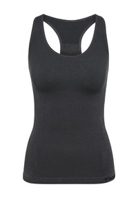 Zwarte sportieve tanktop met een racerback-design, textuurstof en een mesh-paneel op de rug. Beschikt over een getailleerde pasvorm en een logo aan de onderrand.