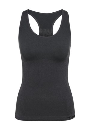 Zwarte sportieve tanktop met een racerback-design, textuurstof en een mesh-paneel op de rug. Beschikt over een getailleerde pasvorm en een logo aan de onderrand.
