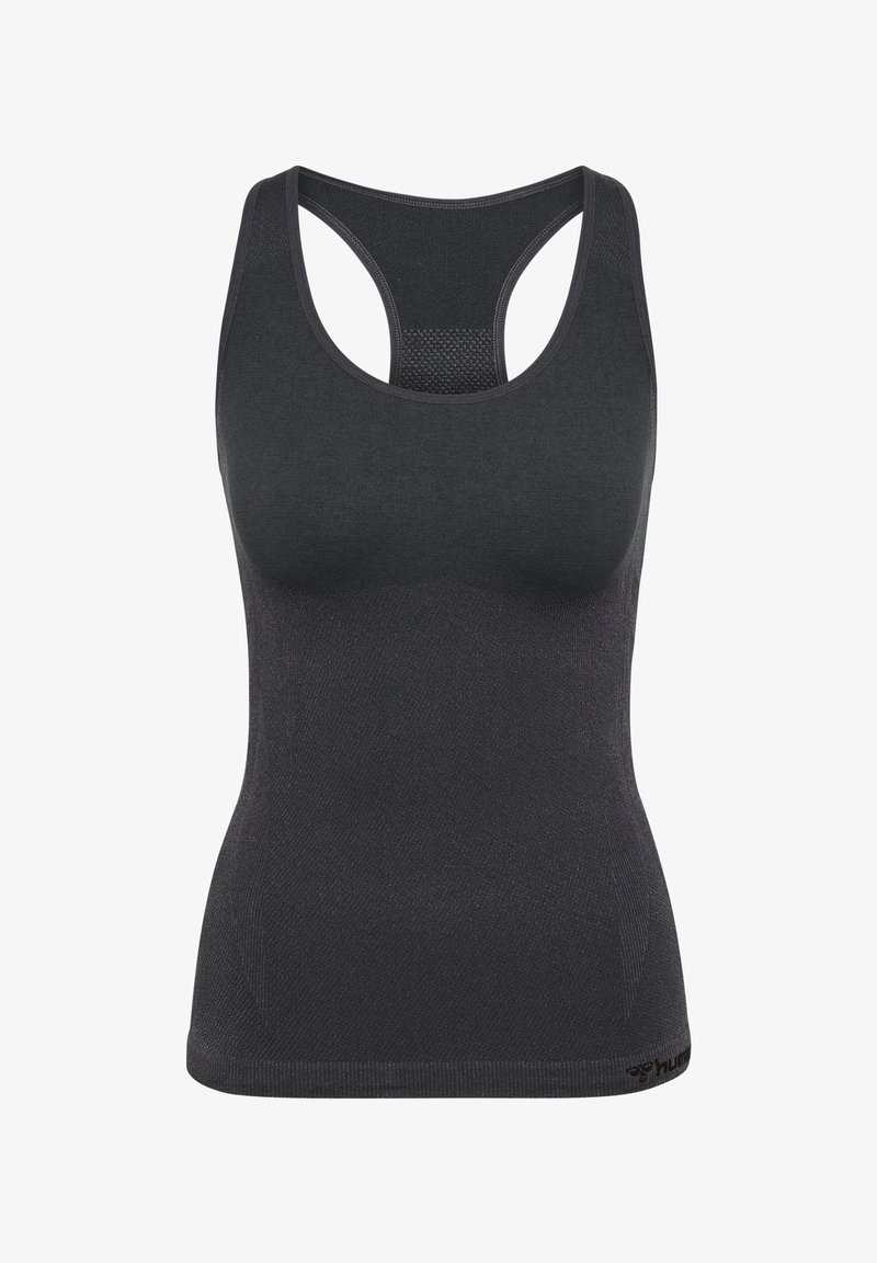 Black athletic tank top with a racerback design, textured fabric, and a mesh panel at the back. Features a fitted silhouette and a logo at the hem.