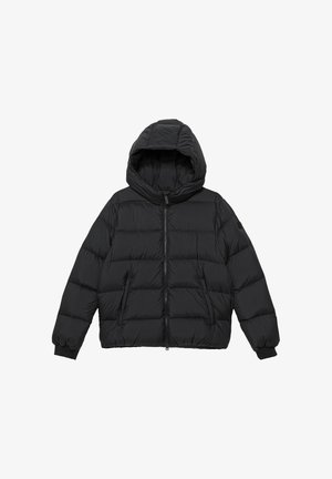 Giacca nera imbottita con cappuccio, dotata di zip frontale, tasche laterali, polsini elasticizzati e texture trapuntata. Materiale leggero e caldo.