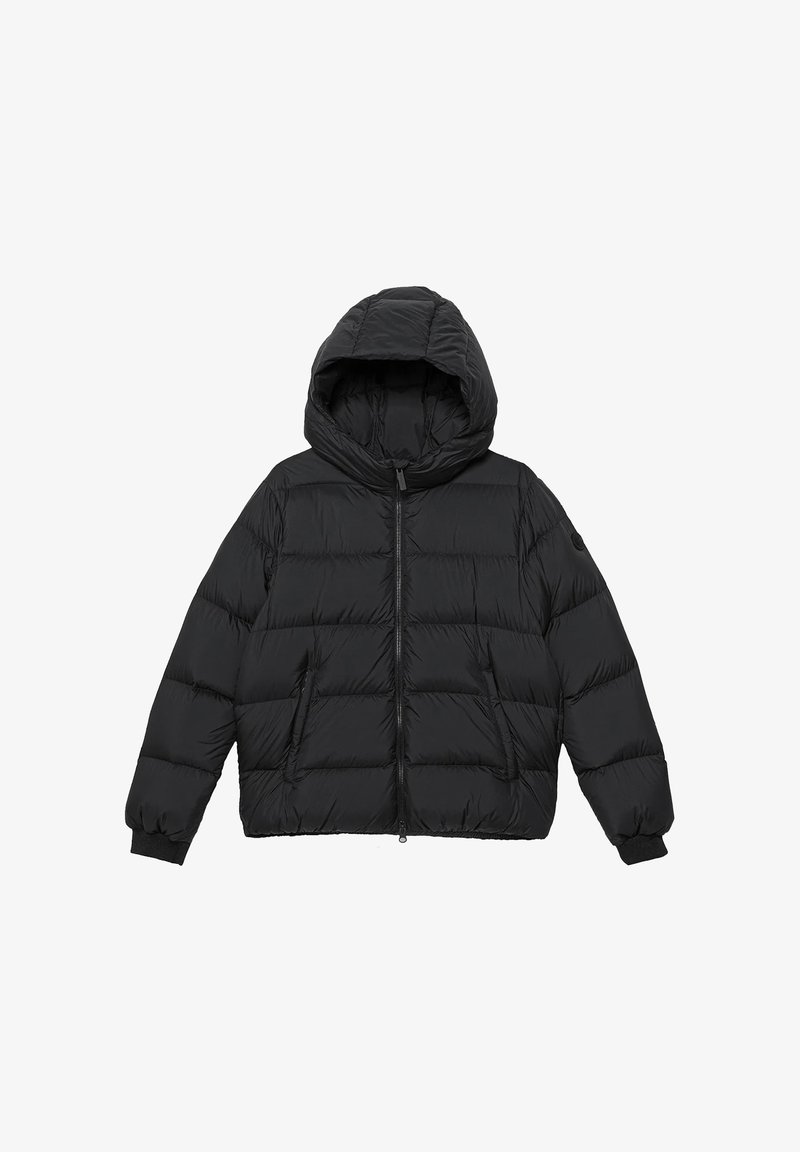 Giacca nera imbottita con cappuccio, dotata di zip frontale, tasche laterali, polsini elasticizzati e texture trapuntata. Materiale leggero e caldo.