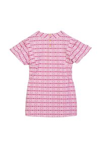 Abito a maniche corte caratterizzato da un motivo geometrico rosa, con colletto e chiusura a pulsante sul retro. Realizzato in tessuto leggero.