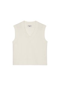 Ärmelloses, cremefarbenes Strickoberteil mit V-Ausschnitt, das über gerippte Akzente am Saum und an den Schultern verfügt. Weiche Textur mit passgenauem Design.