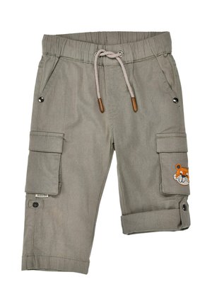 Kinder graue Cargoshorts mit elastischem Bund, Kordelzug, Seitentaschen, umgeschlagenem Saum und Tiger-Gesichtspatch auf der Klappe der rechten Tasche.