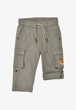Kids' grey cargo shorts with elastic waistband, drawstring, side pockets, rolled-up hem, and tiger face patch on right pocket flap.