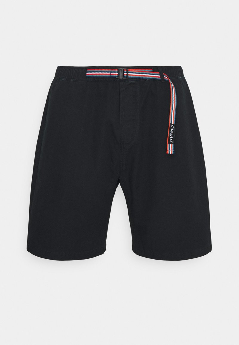 Black shorts made of lightweight fabric with a textured waistband featuring multicolored stripes and a small brand tag on the side.