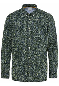 Langärmliges Hemd in Dunkelmarine mit einem floralen Muster in Grün und Blau. Verfügt über einen Button-Down-Kragen und Frontknöpfe. Akzentuiert mit einem farbigen Innkragen.