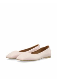 Rosa Leder-Ballerinas mit spitzem Zehenbereich und flacher, niedriger Sohle. Glatte Textur und einfaches Design ohne Verzierungen.