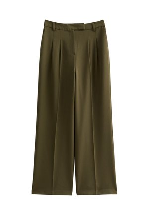 Pantaloni wide-leg in verde oliva, realizzati in un tessuto liscio, con pieghe frontali, cintura con passanti e un fit sartoriale.
