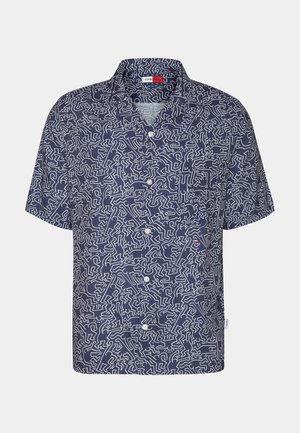 Short-sleeve shirt in navy blue with white abstract patterns, featuring a collar and button front. Made of lightweight fabric.
