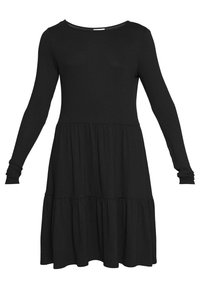 Svart långärmad klänning i mjukt tyg med rund halsringning och volangkjol, med subtila rynkor vid ärmarna och fållen.