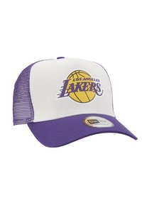 Lila und weiße Trucker-Cap mit dem Logo der Los Angeles Lakers und einem Basketballdesign. Verstellbarer Riemen hinten mit Netzseiten.