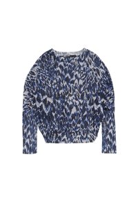 Langsleeve, cropped top met een blauw-wit abstract patroon, gemaakt van een zachte, gestructureerde stof met een losse pasvorm.