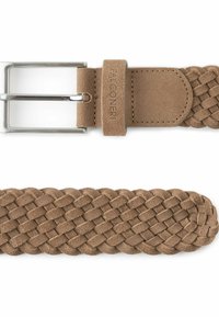 Geweven tan suède riem met een zilveren metalen gesp, voorzien van een soepel leren band en subtiele branding op de lus.