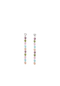 Orecchini a forma di cuore in pietra preziosa colorata con diverse tonalità: rosa, blu, verde e viola, con ganci per orecchie in argento.