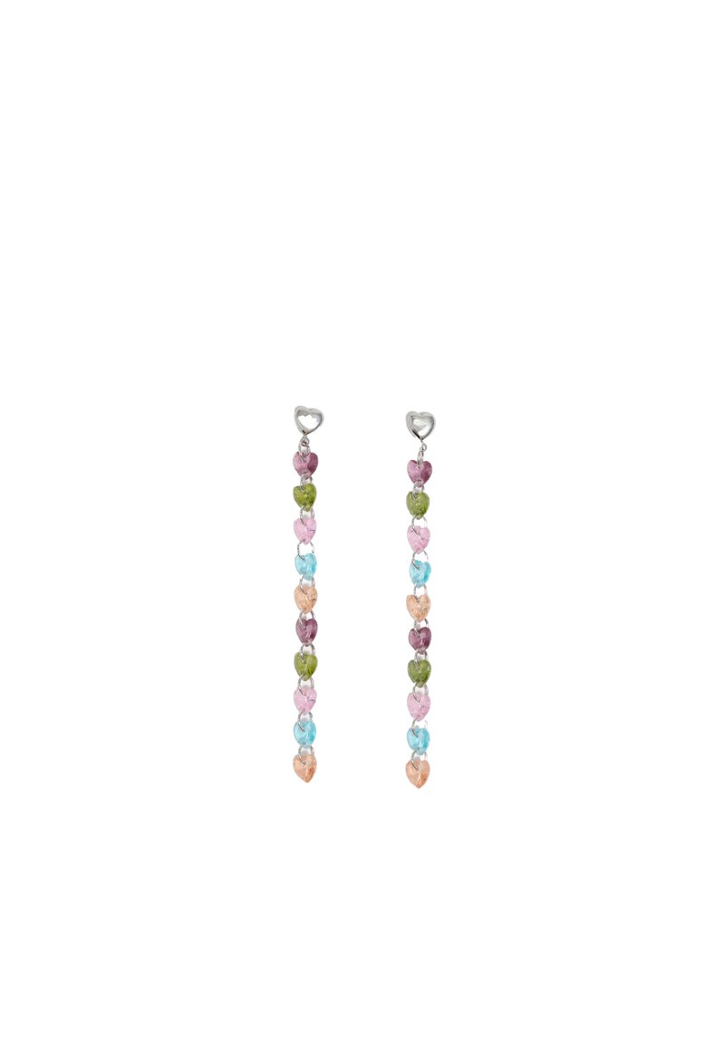 Orecchini a forma di cuore in pietra preziosa colorata con diverse tonalità: rosa, blu, verde e viola, con ganci per orecchie in argento.