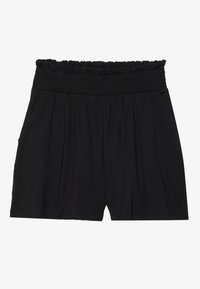 Black shorts made of soft fabric, featuring a smocked waistband, pleats at the front, and side pockets. Simple, relaxed fit design.