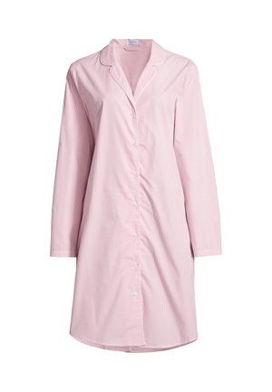 Langärmliges, rosa Nachthemd mit Knöpfen, dünnen weißen Streifen, Reverskragen und abgerundetem Saum.