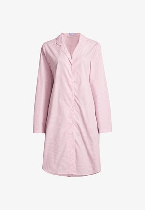 Camicia da notte rosa a maniche lunghe con bottoni, sottili righe bianche, collo a scollo con intaglio e orlo curvo.