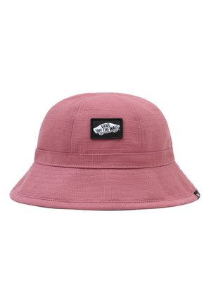 Lyserød bøllehat med tekstureret stof og sort Vans "Off The Wall" logo-patch centreret foran.