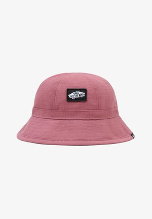 Rosa Bucket Hat mit strukturiertem Stoff und schwarzem Vans „Off The Wall“-Logoaufnäher mittig vorne.